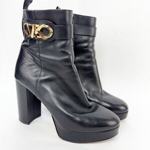 Michael Kors Black Leather Platform Ankle Boots Gold MK Logo Block Heel Boots
